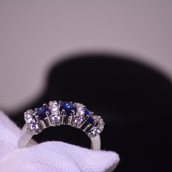 Silver Ring With Simulated Blue Sapphire Diamond Accents - Picture 1 of 12